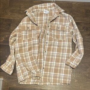 Princess Polly Tan and White Lightweight Plaid Jacket